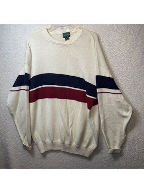 Vintage Izod XL Cream Knit Sweater With Navy & Red Stripes Crewneck 100% Cotton